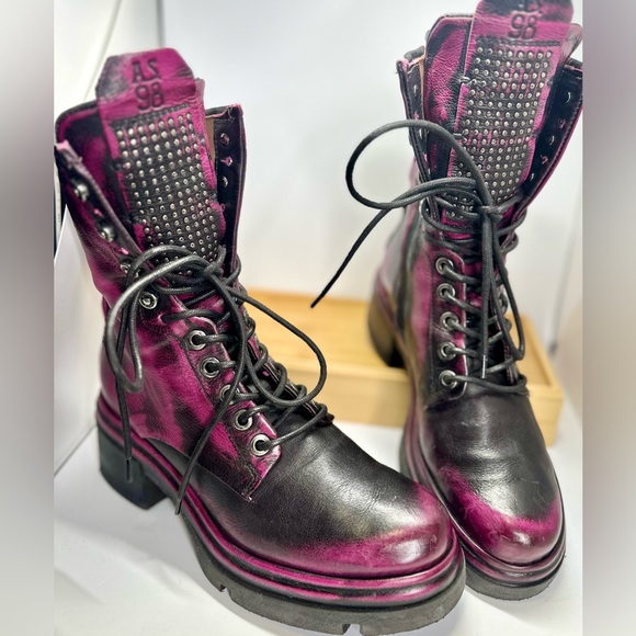A.S. 98 Emper Fuchsia Purple Studded Leather Platform Moto Combat Boots 38/7.5-8